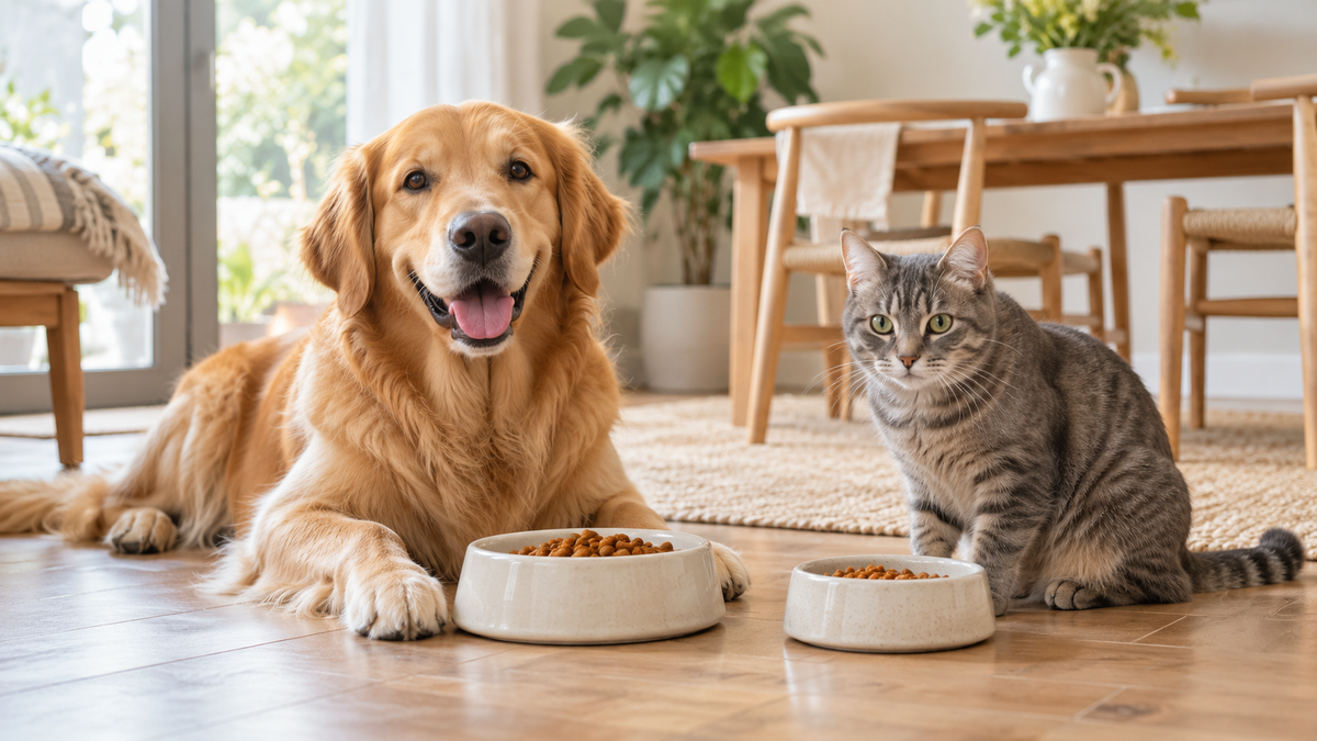 Golden retriever and tabby cat beside ceramic food bowls at home