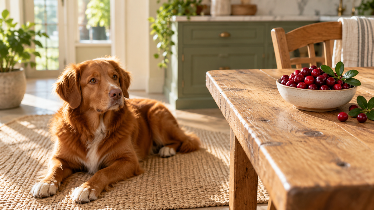 A dog rests below a kitchen table with a bowl of cranberries kept out of reach