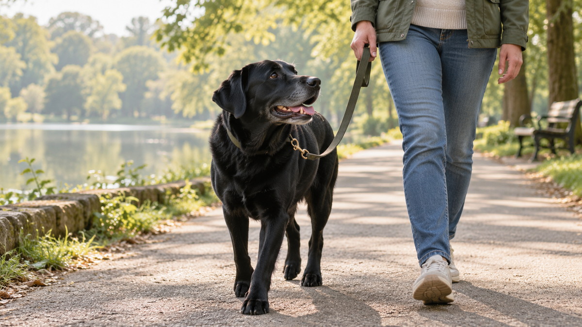 An adult black dog walks calmly beside its owner along a level park path