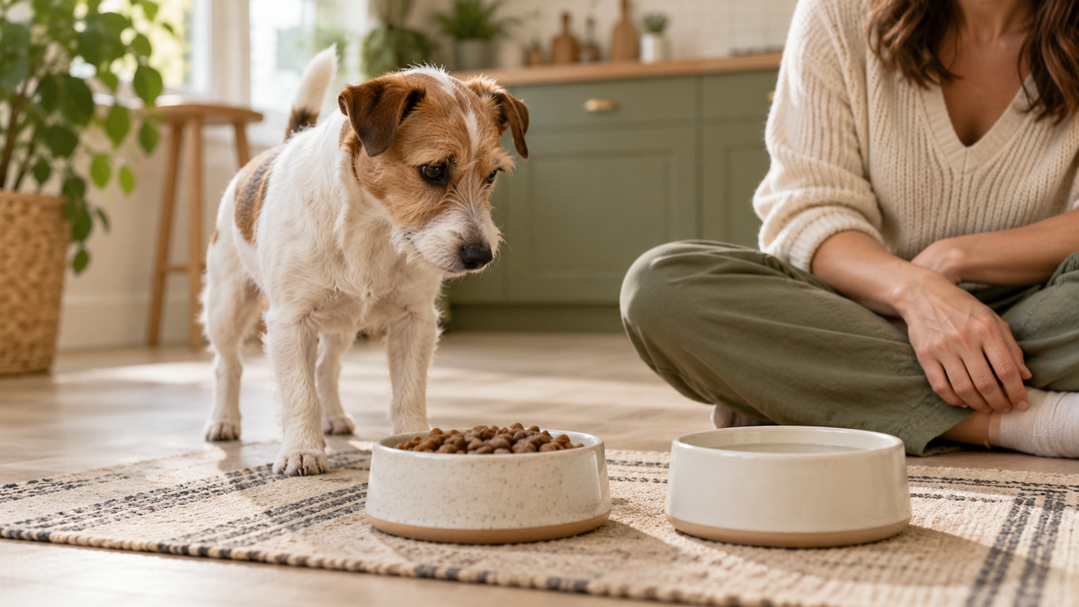 A terrier looks toward separate food dishes while its owner observes nearby