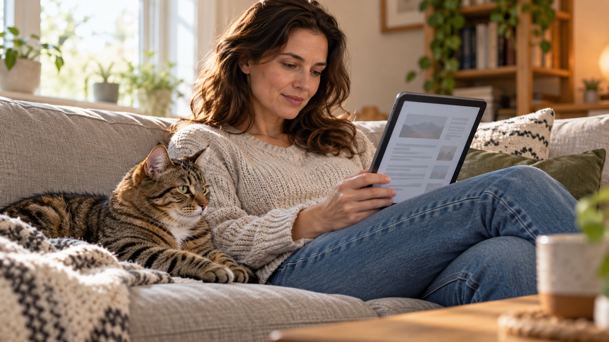 A cat rests beside an owner reading on a tablet