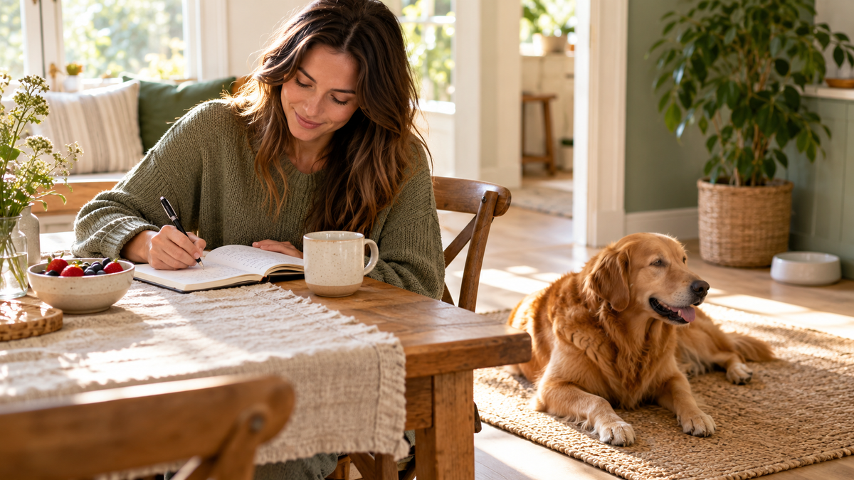 A pet owner writes a brief note while a dog rests beside the breakfast table