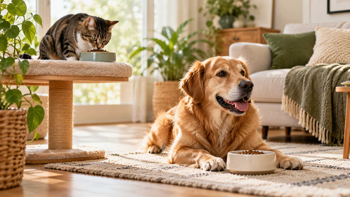 A cat on a perch and a dog on a rug share a bright home with separate feeding areas