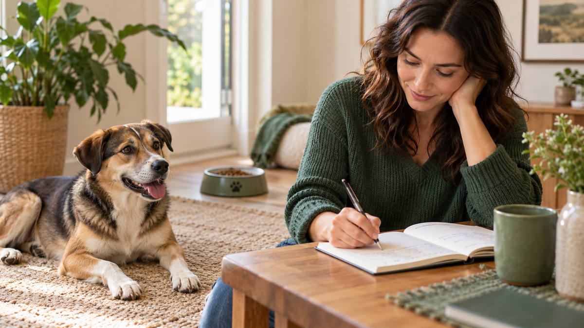 A dog rests beside a pet owner preparing feeding notes at home