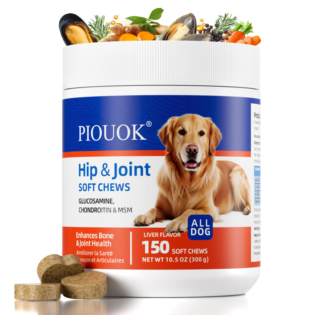 PIOUOK Hip & Joint Supplement for Dogs | Glucosamine Chondroitin MSM Soft Chews 150 Count - Liver Flavor