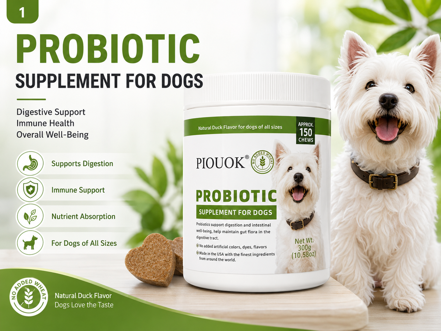 PIOUOK® Probiotic Supplement for Dogs – Duck Flavor, Chewable, 150 Chews, 300g