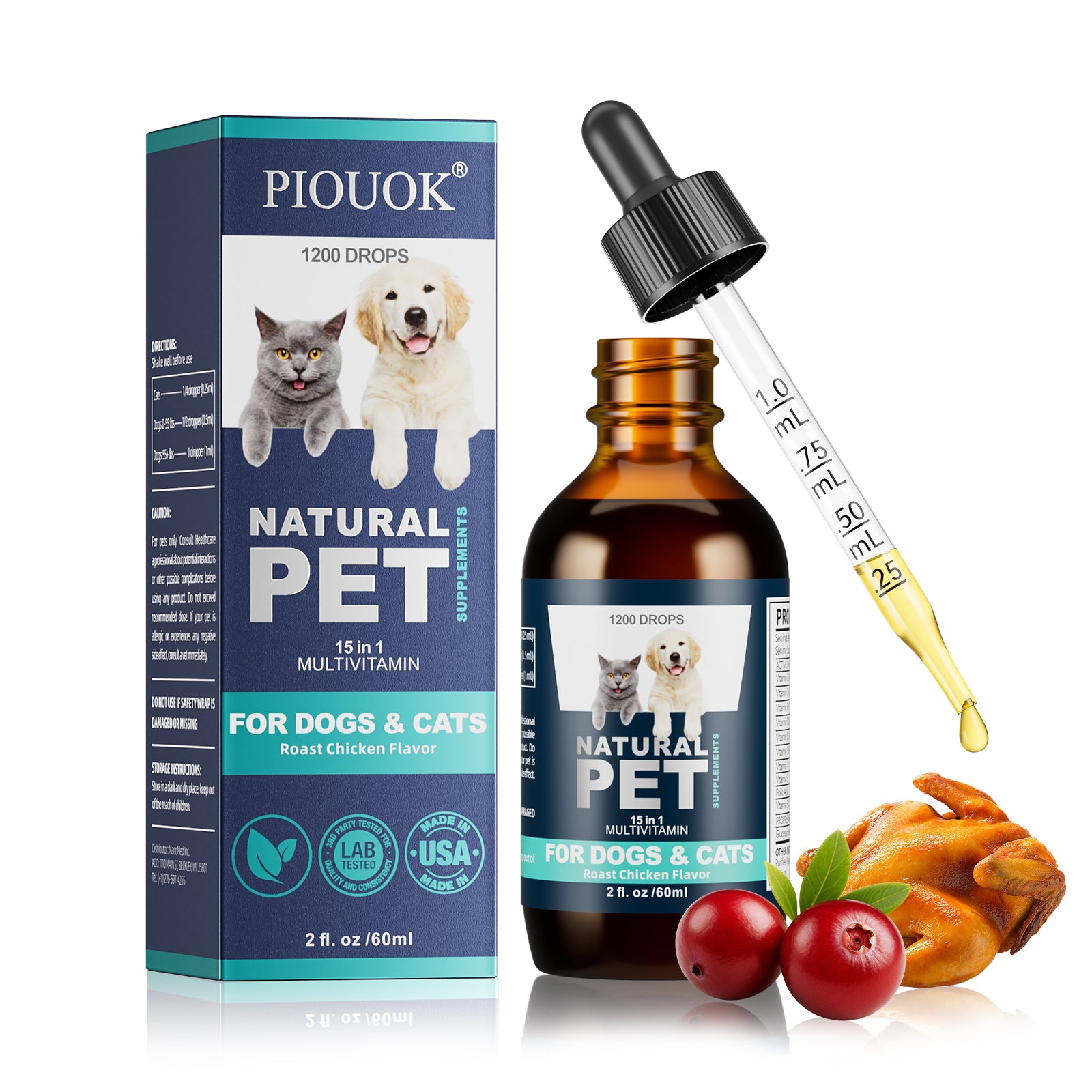 15 in 1 Health Supplements, Cat & Dog Multivitamin Liquid with Glucosamine MSM & Cranberry, Roast Chicken Flavor, Natural Pet Supplement for Joint