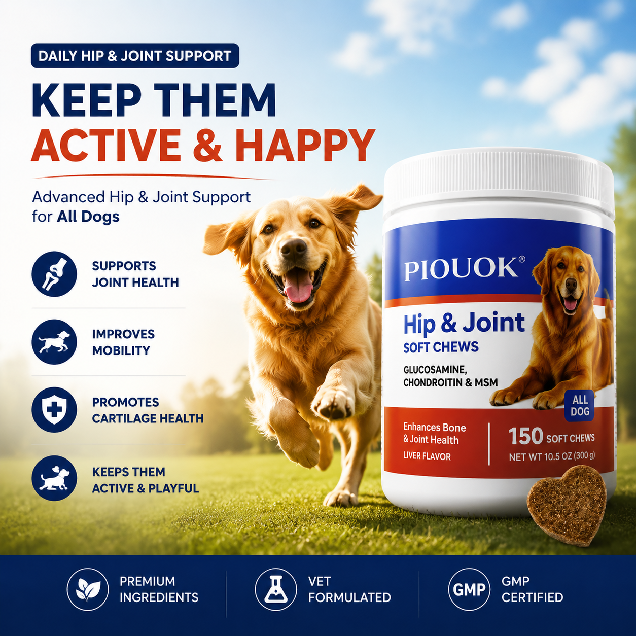 PIOUOK Hip & Joint Supplement for Dogs | Glucosamine Chondroitin MSM Soft Chews 150 Count - Liver Flavor