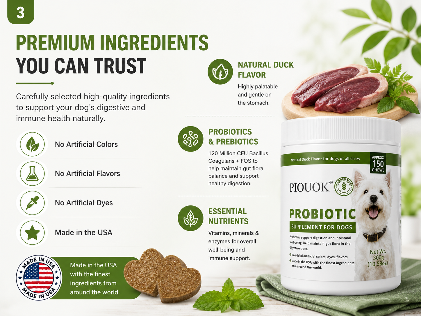 PIOUOK® Probiotic Supplement for Dogs – Duck Flavor, Chewable, 150 Chews, 300g